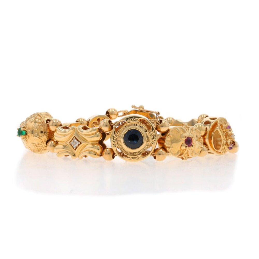 Yellow Gold Emerald Sapp Amethyst Vintage Slide Charm Bracelet 7" 14k Rd 1.10ct